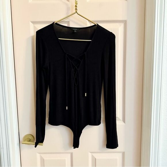 $5 SALE Guess Black Fitted Long Sleeve Bodysuit with Tie Front - Picture 1 of 5